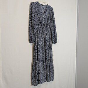 FASHION, Blue/White Spots, V-Neck Ruffle Tiered Boho Peasant Midi Dress; Size S